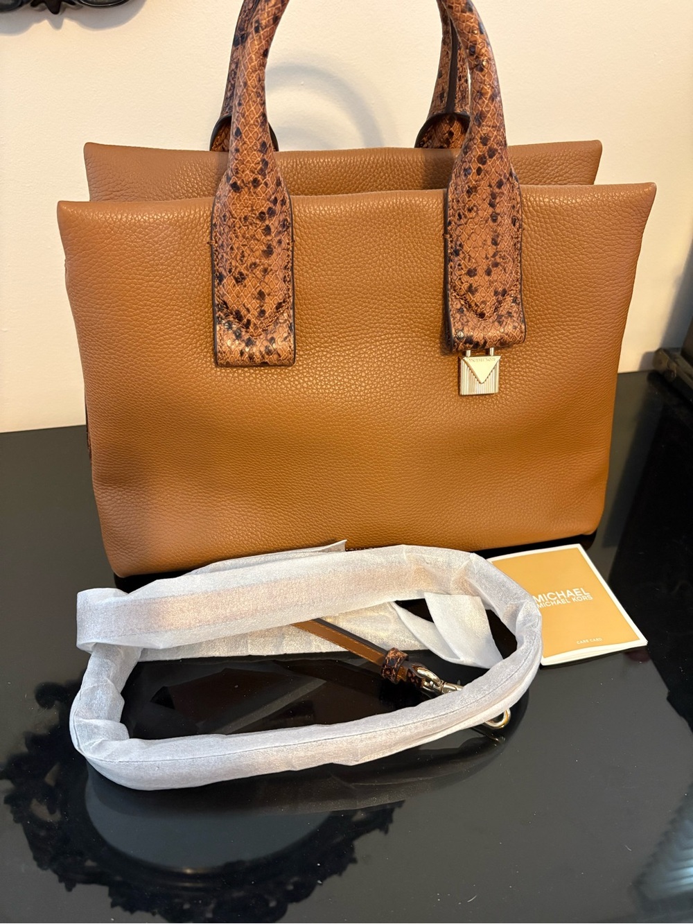 Michael Kors Rollins Brown Leather Tote with Snakeskin-Accent Handles